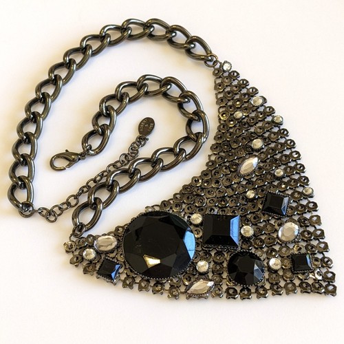 Signed Robert Rose Goth Gunmetal Black Rhinestone Mesh Statement Bib Necklace - Picture 2 of 12