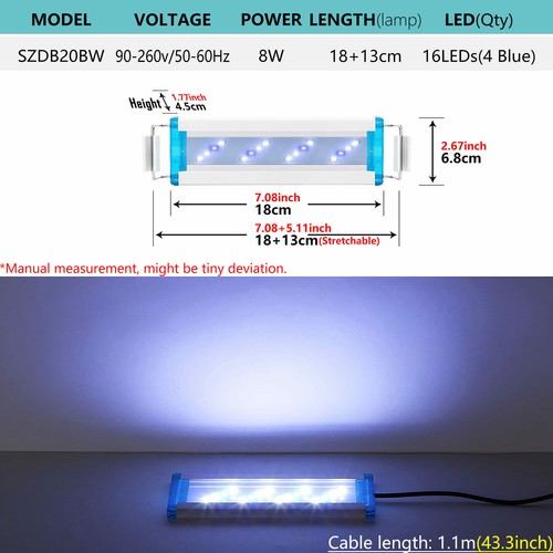90-260V Aquarium LED Light Blue White Lamp w/ Double Extendable Brackets - Picture 8 of 17