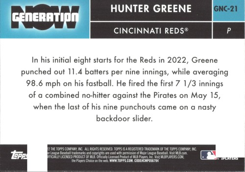 2022 Topps Chrome Update Series Generation Now PRIZM Hunter Greene #GNC-21 (RC) - Picture 2 of 2