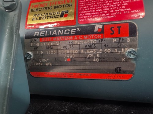 Baldor Reliance F14H4116M XP, 3 Ph Motor, 1.5 HP, 208/230V/460V, 1725 RPM,60Hz - Picture 2 of 4