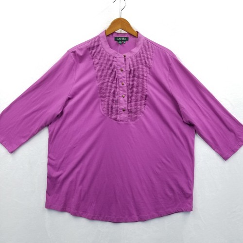 Lauren Ralph Lauren Tunic Women 2X Purple Cotton Pintuck 3/4 Sleeve Henley New
