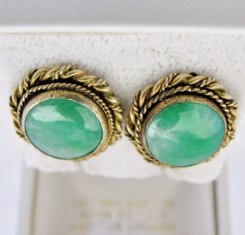 Antique Chinese Vermeil Silver Screw Back Earrings w/ 11.25mm Green Jadeite Jade - Picture 3 of 12