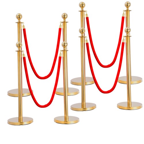8PCS Stanchion Posts Silver Queue Pole with 4 Velvet Ropes Crowd Control Barrier