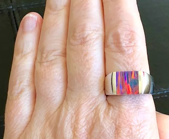 Men s 13 Vivid Red Black Fire Flaming Opal ring sterling silver