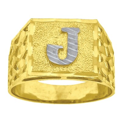 Real 10K Yellow White Gold Initial Alphabet Letter J Fashion Boys Ring