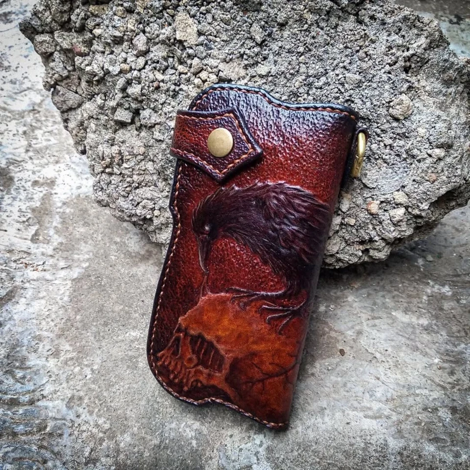 Raven skull tooled wallet, Carved skull leather long biker wallet, Motor wallet - Image 2 of 4