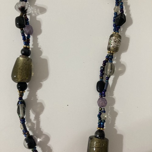 Purple Blue Brown Beaded Bohemian Sautoir Lariat Y Necklace Toggle Gold Tone - Picture 4 of 6