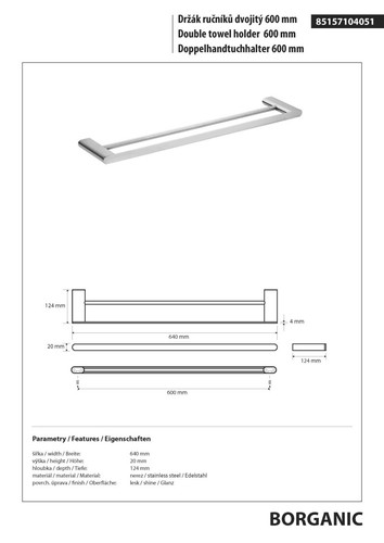 BORGANIC Doppelhandtuchhalter Edelstahl poliert für Bad & Küche >> zum Bohren - Bild 2 von 2