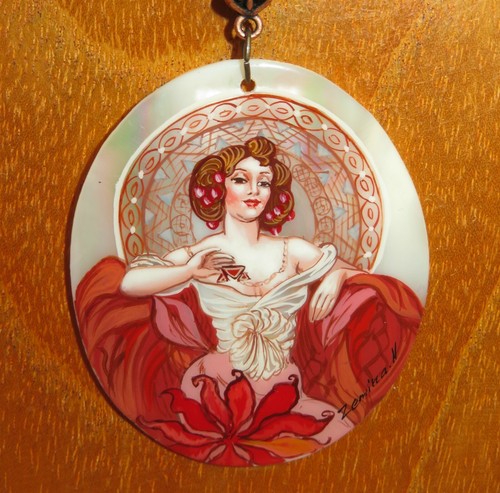 Pendant MUCHA RED RUBY Precious Stones Series signed UNIQUE hand painted SHELL - Picture 2 of 4