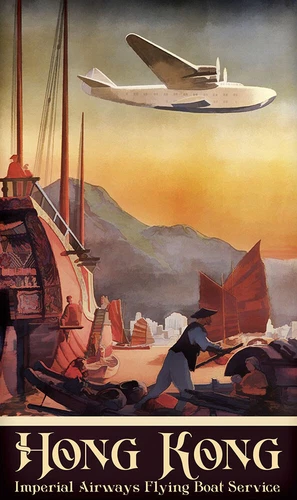 Hong Kong Imperial Airways Flying Boat Service Vintage Travel Poster