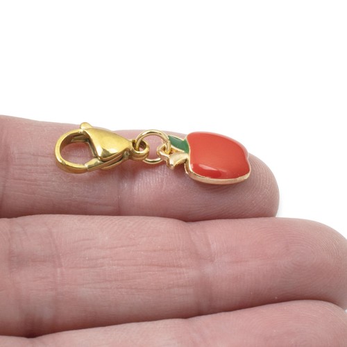 Cute Red Apple Clip-On Charm, Gold & Enamel Bag Charm, Teacher Jewelry Accessory - Picture 5 of 9