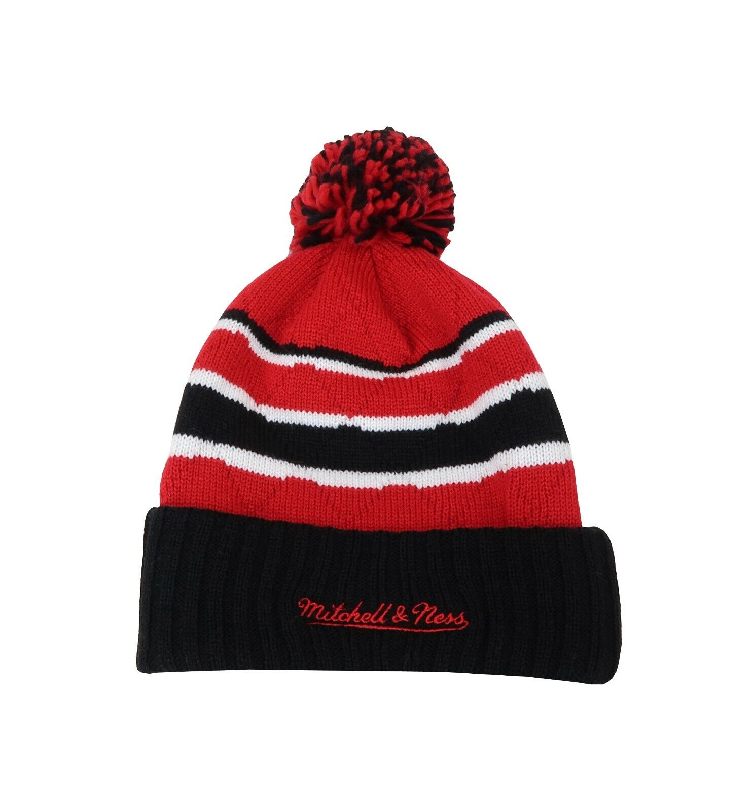 Lids Chicago Blackhawks Mitchell & Ness Stripe Cuffed Knit Hat with Pom - Black