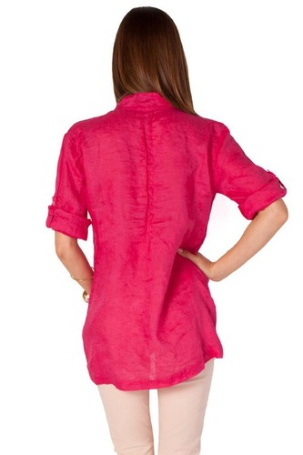 CP Shades Celeste Top Fuchsia Shirt Linen split v-neck 4 button NEW Pink 3/4 - Picture 3 of 4