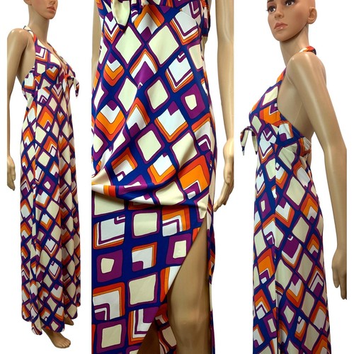 70s Psychedelic Print Maxi Halter Dress | Empire Waist Colorful Backless | XS/S - Picture 5 of 11