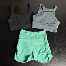 WILO Womens M Athletic Shorts & Sports Bra Crop Top Lot of 3, Green Black Gray