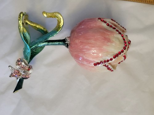 Pink Enamel Rhinestone Tulip Metal Trinket Box - Picture 1 of 4