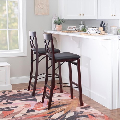 Linon Triena X-Back Folding 30" Bar Stool Brown Faux Leather Seat in Merlot Wood - Picture 13 of 16