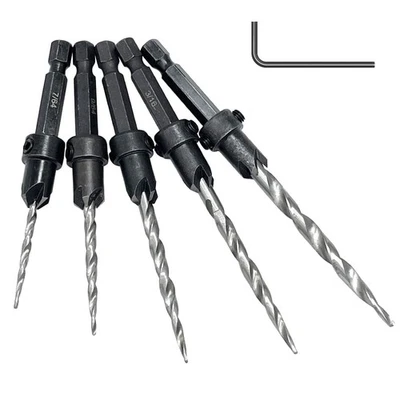 Saipor 5pcs Wood Tapered Countersink Drill Bit Set Hex Shank Screw Drill Counter