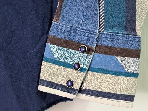Camisa De Colección Wrangler Para Hombres XL 17x35 Azul Marino Perla Suroeste A Presión Vaquero Occidental Años 90 - Imagen 4 de 8