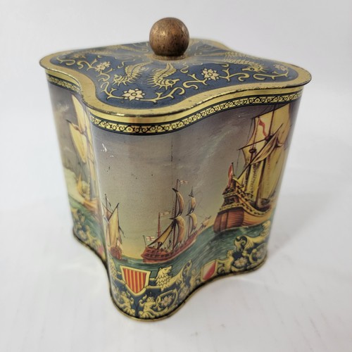 Vintage German Tin Nautical Wooden Ships Sea Horses Crests Tea Biscuits Coffee - Picture 2 of 12