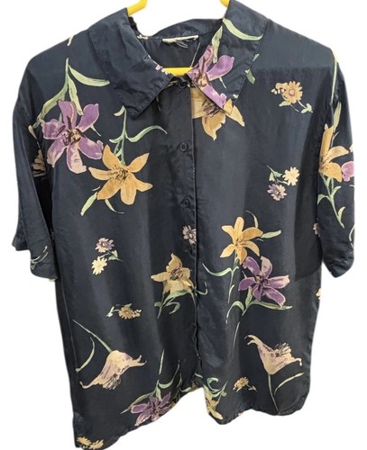 Vintage Silk Feel Floral Bluse Damen Kurzarm Schwarz Lila Gelb Est. " XL-2X