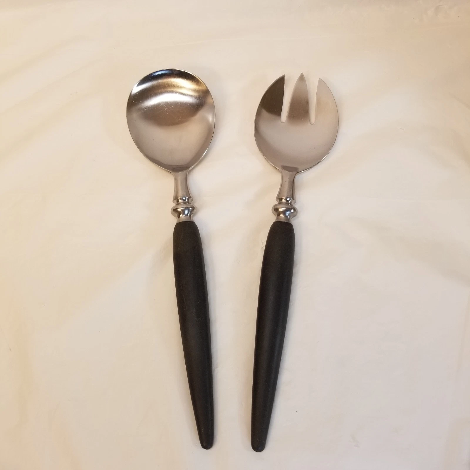 MCM Silvercraft Forged Stainless Black Handle Salad Serving Set Fork & Spoon EUC