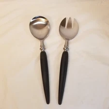 Salad Serving Set Fork & Spoon MCM Silvercraft Forged Stainless Black Handle EUC