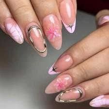 24Pcs Flower Press on Nails Short Almond Fake Nails 3D Flower Fake Nails-1