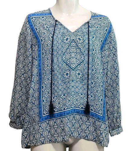 Tolani Seidenbluse Damen S blau geometrisches Muster Quaste Langarm/Camp Option Tunika
