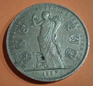 BAVIERA 1837 plata 2 Thaler Unión Monetaria muescas/limpiado En muy buen estado exf detalles