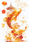 Canvas Art Orange Koi Fish By Lotus Flowers Wall Picture Poster Print