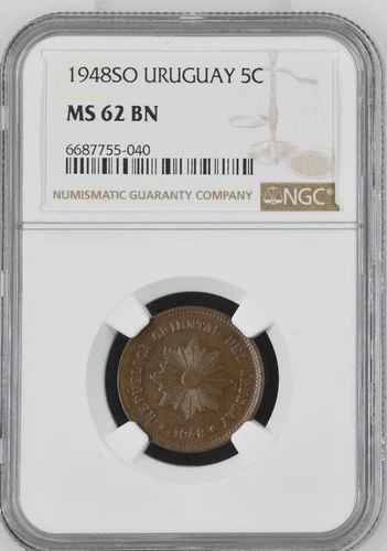 Uruguay 5 Centesimos 1948SO NGC MS 62 BN