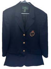 Vtg RALPH LAUREN Size 16 Blazer Womens Navy Worsted Wool Jacket 3D Crest 1990s