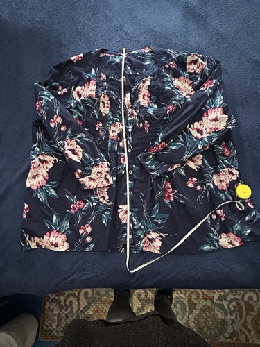 Roaman’s 32W Royal Blue Floral Button Down Tunic Long Sleeve Roll Tab - Picture 11 of 18