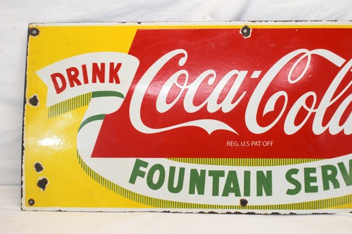 💥50's COCA COLA : FOUNTAIN SERVICE Soda Beverage ADVERTISING Sign 12"x28" 💥 - Picture 2 of 7