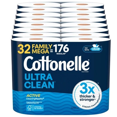 8 Packs of 4 Cottonelle Ultra Clean Toilet Paper with Active CleaningRipples