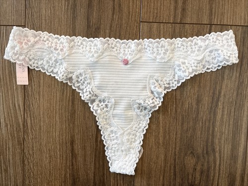 Victoria's Secret Panties Thong Panty Lacie Cotton Stripe Lace Trim White Medium