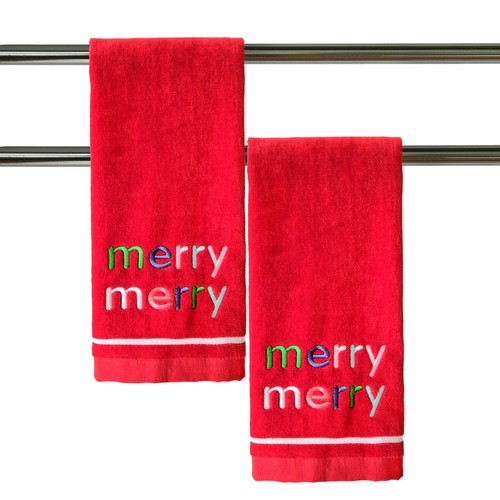 Merry Merry Christmas Hand Towels Red Holiday Winter Embroidered Set of 2 - Bild 9 von 12