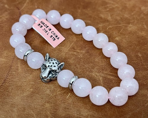 NWOT Rose Quartz Crystal 10mm Beads Leopard/Panther Head Charm Bracelet 8” Inch - Picture 3 of 12