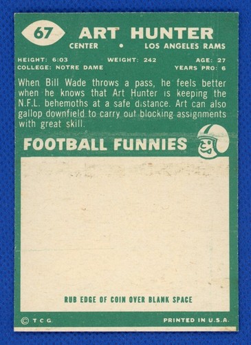 1960 Topps #67 Art Hunter  Los Angeles Rams Football Card VGEX-EX - Photo 2/2