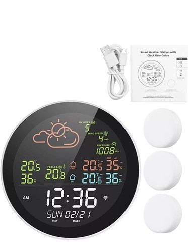 Smarte Wetterstation mit Uhr Innen Außen Temperatur UV Luftfeuchtigkeit farbig - Bild 3 von 8
