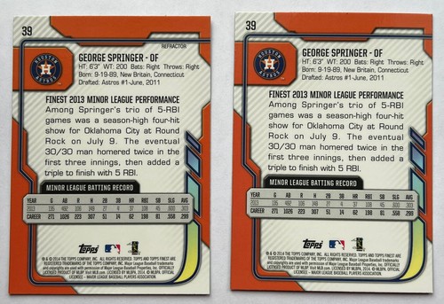 GEORGE SPRINGER Lot 2014 Topps Finest #39 Orange Refractor Hot Box Rookie + Base - Picture 2 of 2