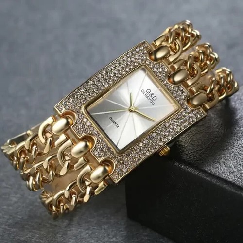 G&D Goldene Luxusarmbanduhr für Frauen/Analog Quarz/Strass Rechteckig /Gold - Bild 2 von 3