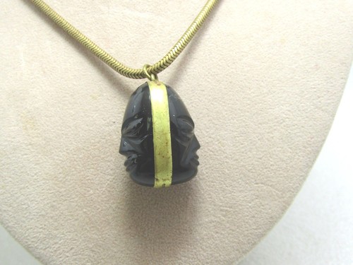 Collar Tribal Vintage Latón Vidrio Obsidiana, México, Años 1930-40, Cadena Serpiente 24" - Imagen 4 de 9