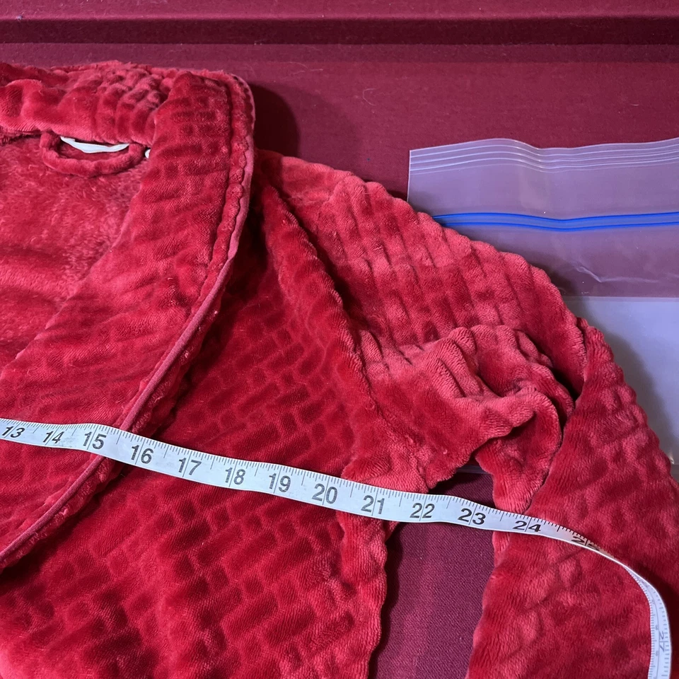Soft Surroundings Cranberry RED LONG ROBE SOFT Plush pockets Gathered Back BELT - Image 2 of 4
