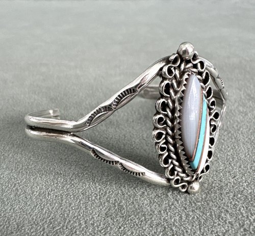 Vintage Turquoise MOP Inlay Bracelet Sterling Rope Edge Hand Stamped Rain Drops - Picture 5 of 8