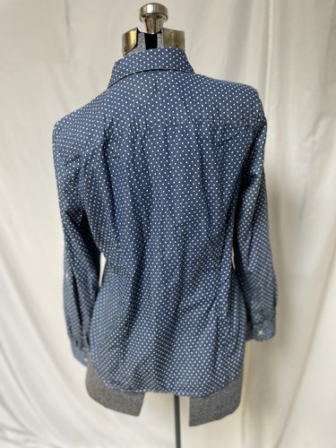 TALBOTS Top Size Petite Medium MP Roll Tab Sleeves Blue White Cotton Blouse - Afbeelding 13 van 24