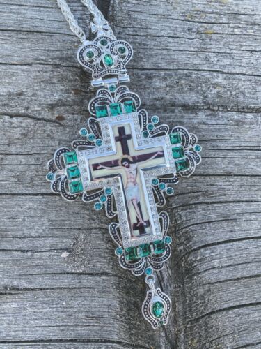 Pectoral Cross Jesus Priest Bishop Crucifix Green Crystallized Clergy Pendant - Picture 3 of 7