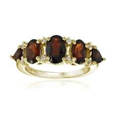 Gold Tone on 925 Silver Garnet & White Topaz 5-Stone Half Eternity Band Ring, S6