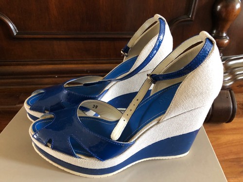 Hogan Shoes Beige and Blue Canvas Ankle Strap Peep Toe Wedges 39 9 Italy NIB - Picture 8 of 9